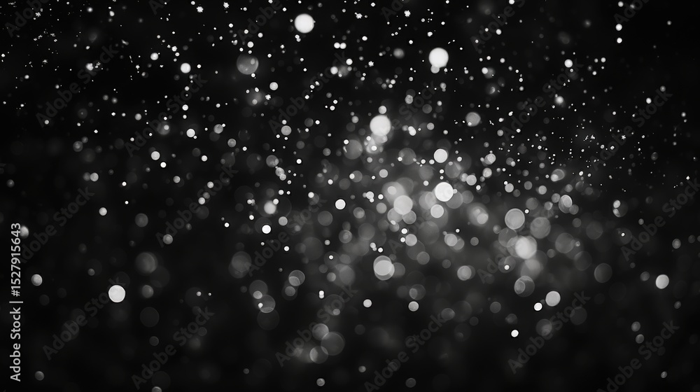 Obraz premium Abstract black and white image featuring numerous blurred light spots resembling bokeh or particles floating in the dark.