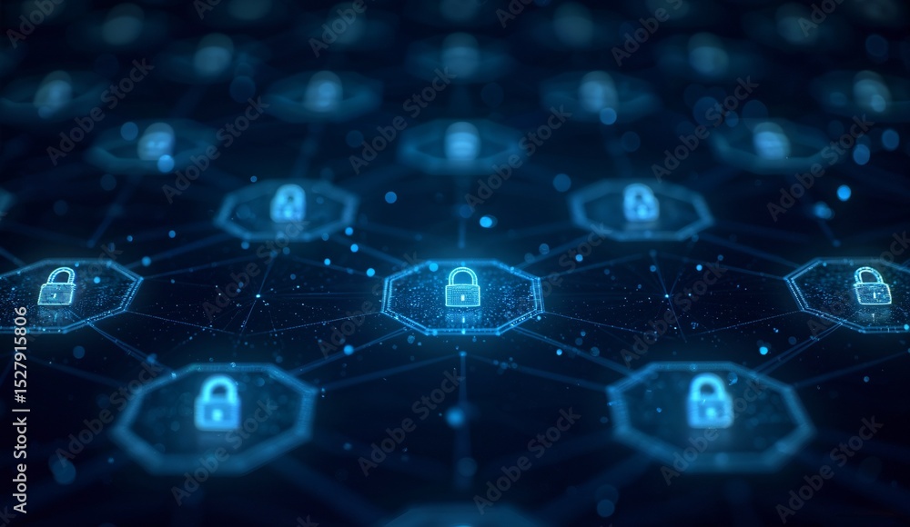 Fototapeta premium Network of interconnected hexagons with lock icons, symbolizing cybersecurity.