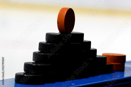 Canvas Print Ice rink. Championship match. Ice hockey pucks. Megeve.France.