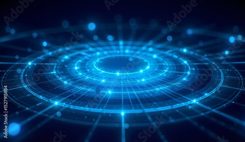 Abstract digital interface with glowing blue circular patterns and scattered light points