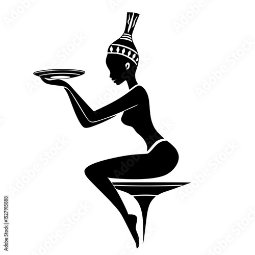a black silhouette of a woman with a shaved head holding a plate or bowl of food in her hand black, bowl, food, hand, head, hold, plate, silhouette, sit, sit on, tray, woman