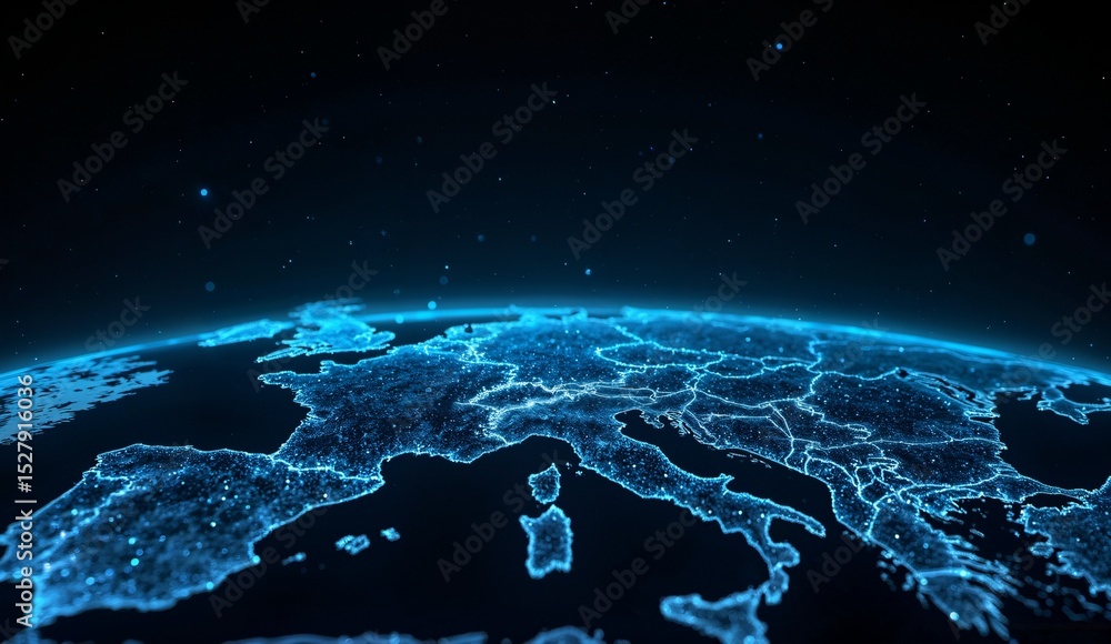 Obraz premium Glowing Blue Earth with Illuminated Continents and Networks
