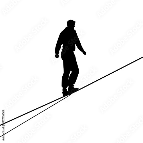 a black and white silhouette of a man riding a snowboard down a hill with a rope black, hill, man, person, ride, rope, silhouette, ski, slope, snowboard, walk, wire 