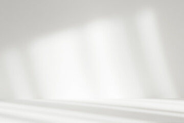 Abstract white studio background with shadows of window. Empty 3d gray room with copy space. Display product with blurred backdrop.