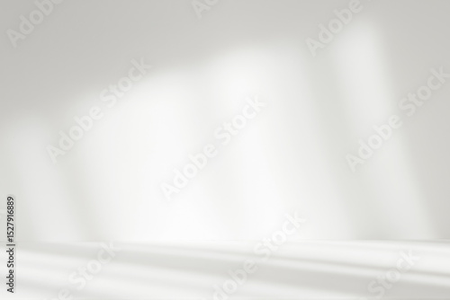 Abstract white studio background with shadows of window. Empty 3d gray room with copy space. Display product with blurred backdrop.