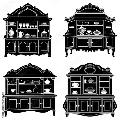 Four ornate black china cabinets displaying various dishware and decorative objects in a vector illustration