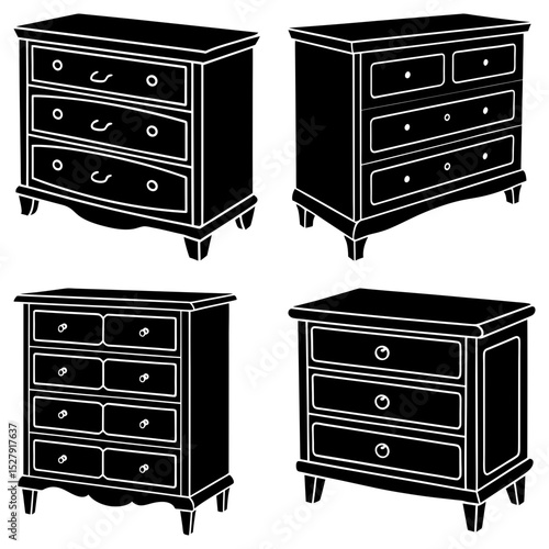 Four black and white chest of drawers with varying drawer configurations and leg styles displayed on white