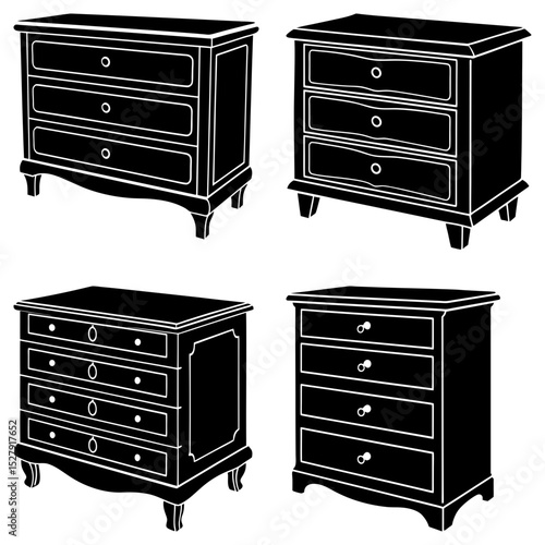 Silhouette illustration of four different chest of drawers with multiple drawers and unique designs
