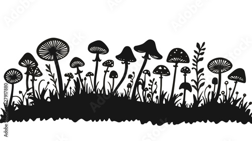Silhouette of Wild Mushrooms and Grass Border Vector