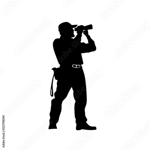 a black and white silhouette of a man looking through binoculars binocular, black, camera, look, man, photo, photographer, picture, silhouette , Generative art.