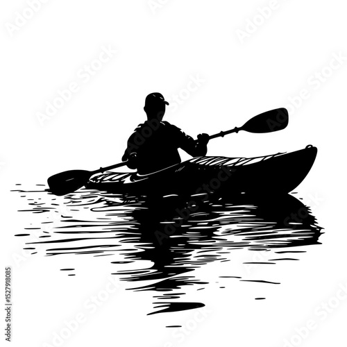 a black and white silhouette of a person in a boat or kayak on the water black, boat, canoe, kayak, man, person, river, silhouette, water , Generative art.