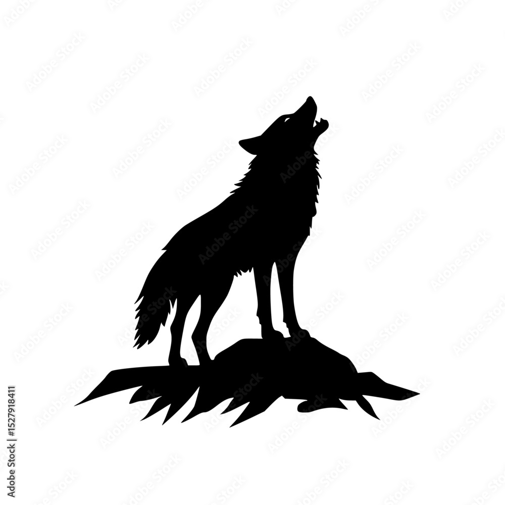 a black and white silhouette of a wild wolf standing on a rock black, gray, hill, moon, rock, silhouette, stand, wild, wolf , Generative art. a black and white silhouette of a wild wolf standing on a rock black, gray, hill, moon, rock, silhouette, stand, wild, wolf , Generative art.