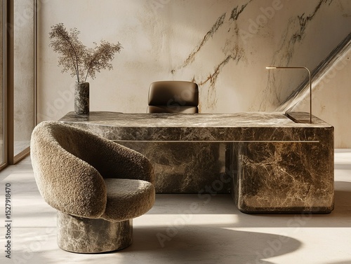 Waterfall Marble Desk with Shearling Chair
