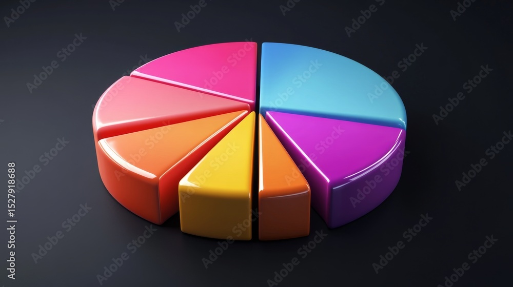 Fototapeta premium A vibrant D pie chart displaying different market shares, with glossy segments in various colors, set against a sleek dark background for a modern look.