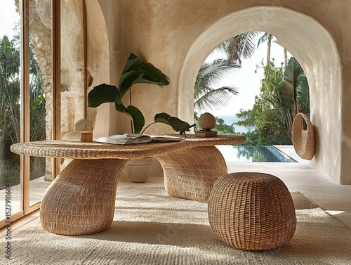 Woven Rattan Desk with Coral Boucle Stool

