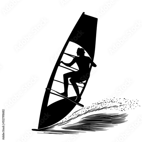 a black silhouette of a person riding a wave with a sail black, man, person, ride, sail, silhouette, water, wave , Generative art.