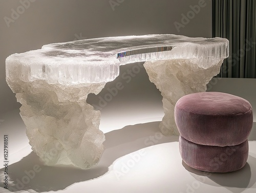 Crystallized Salt Desk with Mauve Stool
