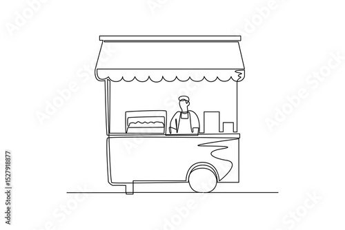 Continuous one line drawing of Foodstreet cart stands with sellers. Food corner minimalist concept. Food and drink.