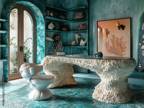 Pebble Resin Desk with Shearling Stool