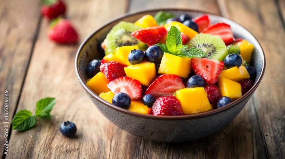 A vibrant bowl of fresh fruit salad featuring colorful diced mango, kiwi, strawberries, and blueberries, garnished with fresh mint leaves on a rustic wooden table. A vibrant bowl of fresh fruit salad featuring colorful diced mango, kiwi, strawberries, and blueberries, garnished with fresh mint leaves on a rustic wooden table.