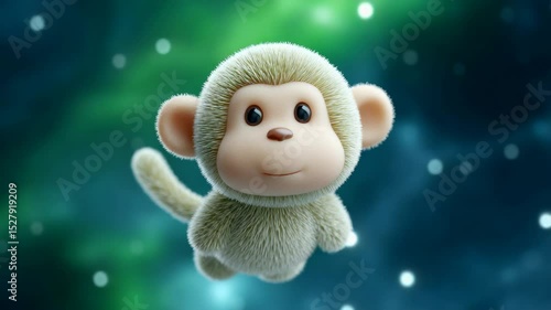 Wallpaper Mural Soft Plush Monkey Toy Floating Against Vibrant Cosmic Background in Green and Blue Hues Torontodigital.ca