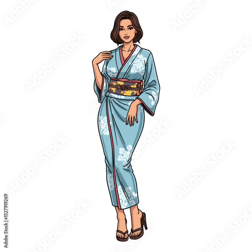 Beautiful woman in traditional kimono standing with elegance and grace