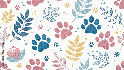 Vector Playful Watercolor Paw Print Background – Scattered Blue, Pink & Yellow Prints on White Canvas, Fun & Vibrant with Copy Space