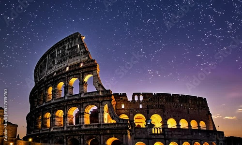 Night Time Lapse of the Majestic Colosseum: Ancient Roman Architecture Under a Starry Sky for Travel and History Projects
