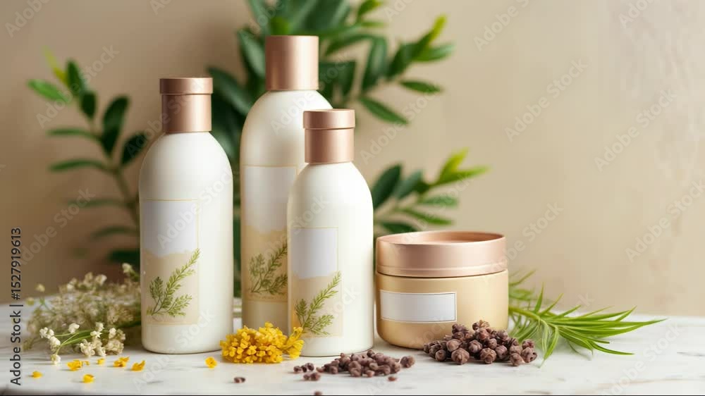 Natural skincare products displayed with botanical elements on a marble surface in a serene setting Natural skincare products displayed with botanical elements on a marble surface in a serene setting