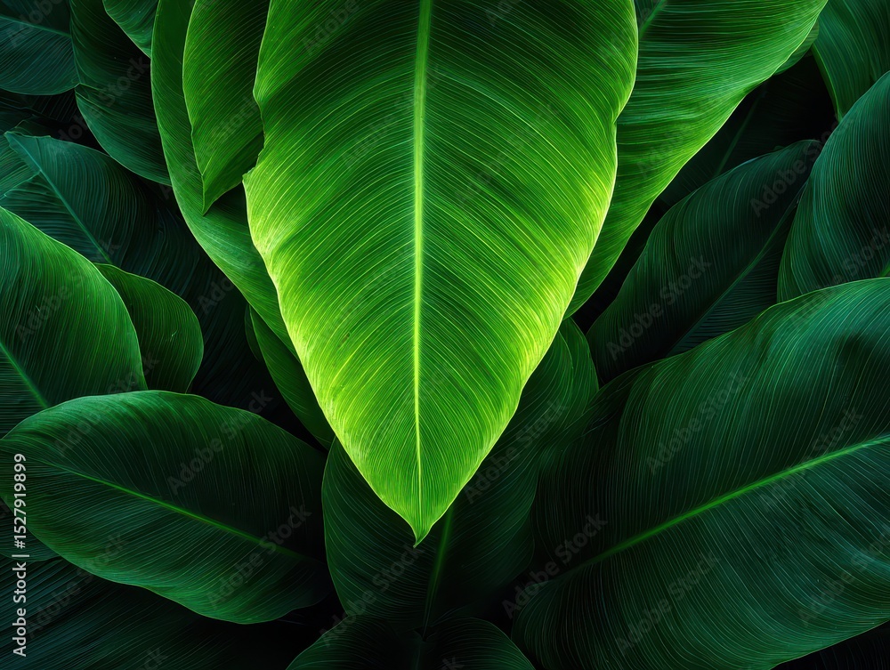 Obraz premium Bright green tropical banana leaves with detailed veins and lush foliage creating a fresh natural background