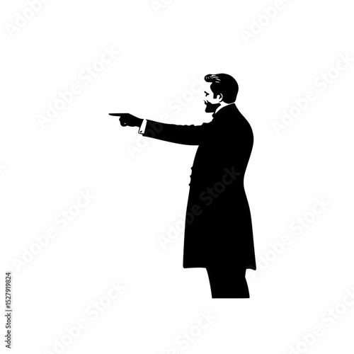 a silhouette of a man in a black suit with a gun in his hand pointing at something black, coat, finger, gun, hand, man, point, silhouette, stand, suit 
