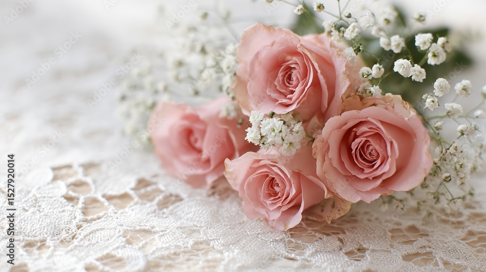 Fototapeta premium Close-up of soft pink roses and baby's breath on elegant lace tablecloth, with delicate white flowers in background for romantic wedding ceremony decor.