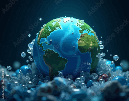 Digital Earth Globe Surrounded by Water Bubbles
