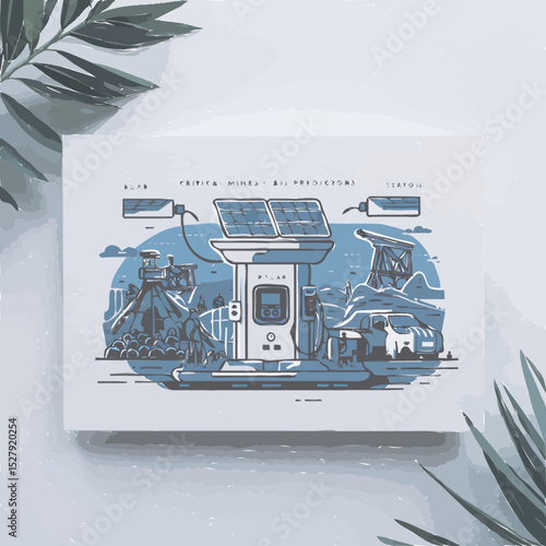 A futuristic EV charging station powered by solar panels and AI predictors, but surrounded by mines extracting critical minerals
