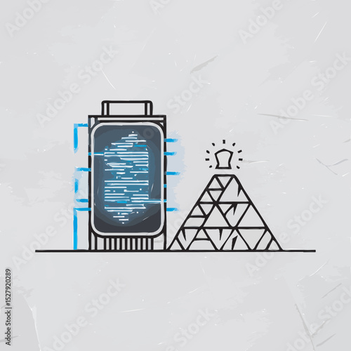 A battery storage unit glowing with AI-driven data on one side, and a pile of scarce lithium ore on the other, highlighting mineral bottlenecks.