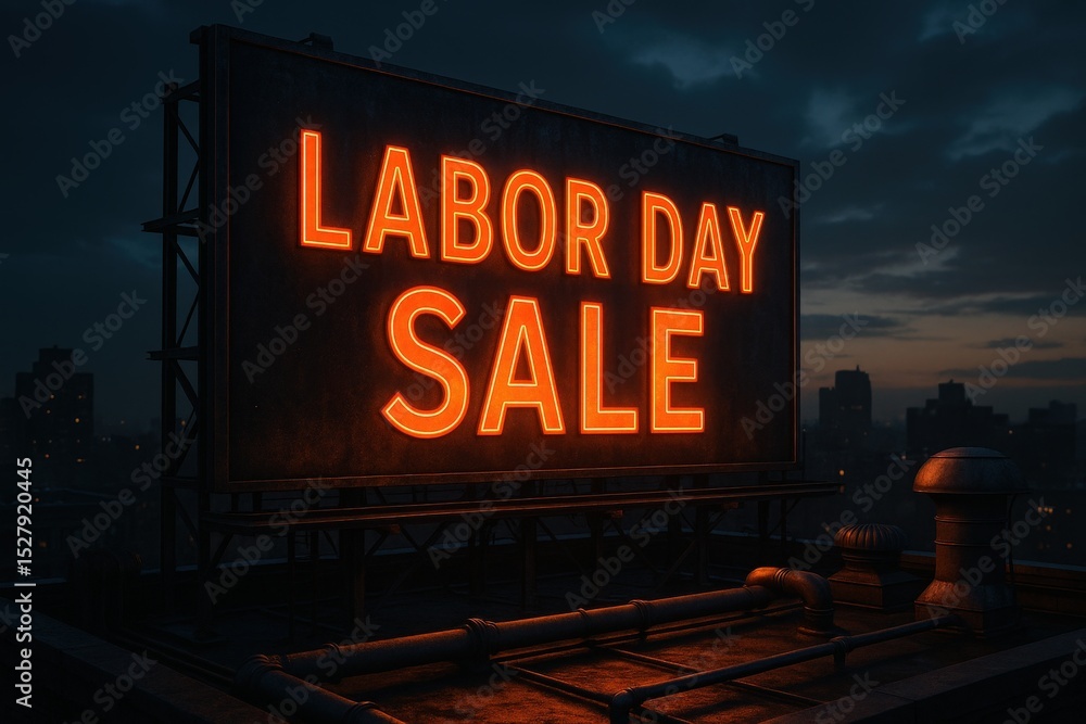 Naklejka premium Cinematic Rooftop Billboard with Labor Day Sale Banner at Dusk