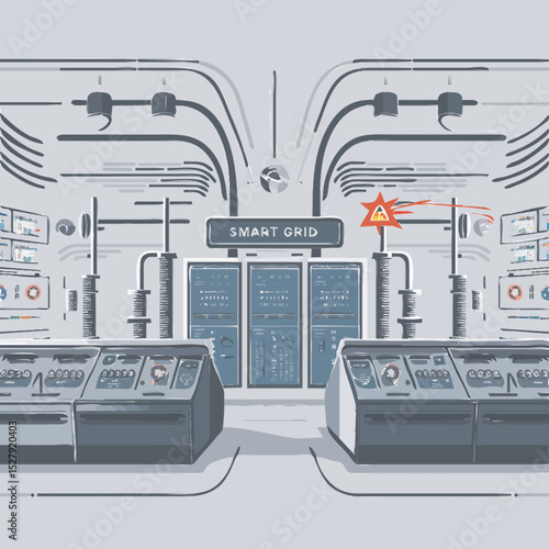 An AI-managed smart grid control room split between fossil-fuel plant controls and renewable resource dashboards, with bottleneck warning icons flashing.