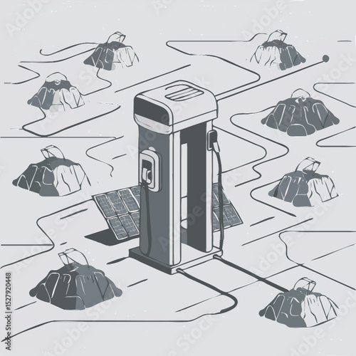 A futuristic EV charging station powered by solar panels and AI predictors, but surrounded by mines extracting critical minerals