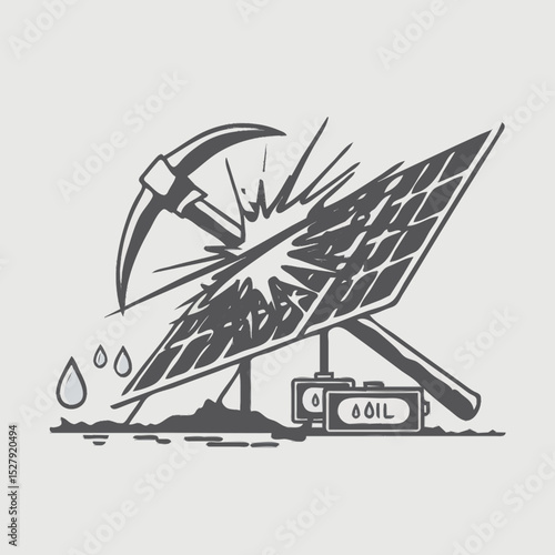 A propaganda-style poster showing a miner’s pickaxe clashing with a solar panel, with battery icons leaking drops of oil.
