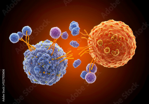 CAR T-Cell Therapy in Action – 3D Illustration of Immune Cell Attacking Cancer Cell with Molecular Interaction