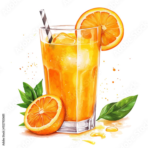 Orange Juice, watercolor illustration vector, high quality, isolated on a white background.