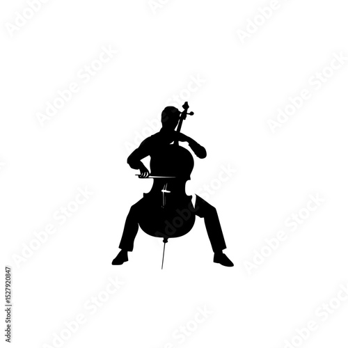 a black silhouette of a man playing an instrument on a white background black, cello, chair, instrument, man, play, silhouette , Generative art.