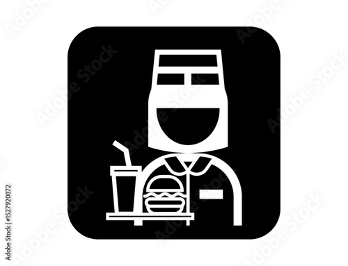 ハンバーガーを持ったファストフード店員のシンプルな四角いモノクロ白抜きイラストアイコン