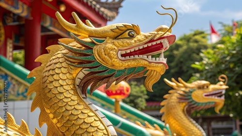 Wallpaper Mural Majestic Dragon of the Temple: A resplendent golden dragon statue graces the ornate facade of a traditional temple, symbolizing power and good fortune, set against a bright, cloudless sky. Torontodigital.ca