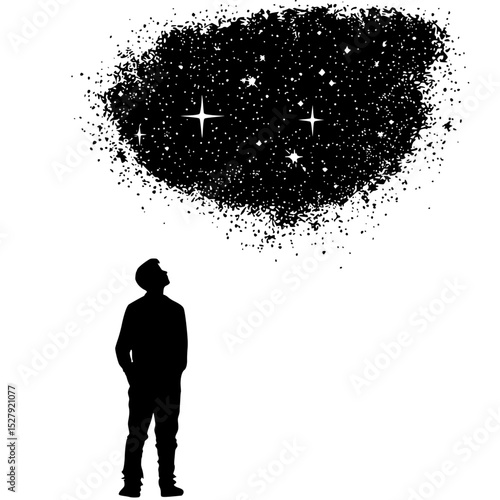 a black silhouette of a man looking up at stars black, look, man, person, silhouette, stand, star 