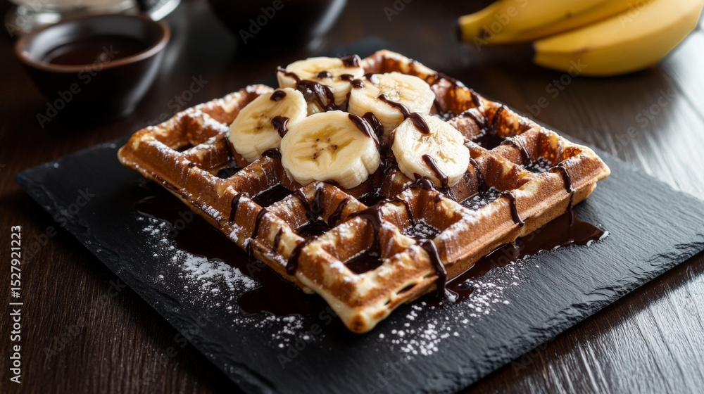 A waffle served on a black slate plate, drizzled with chocolate syrup and garnished with sliced bananas, set on a dark wooden table for a modern gourmet look. A waffle served on a black slate plate, drizzled with chocolate syrup and garnished with sliced bananas, set on a dark wooden table for a modern gourmet look.