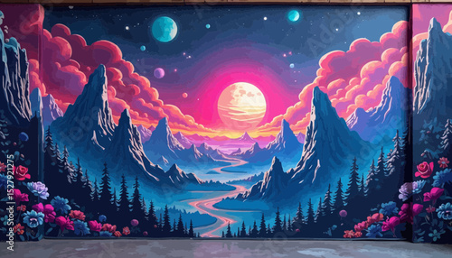Pixel Art Landscape Mural: Pink Sunset over Mountains and River