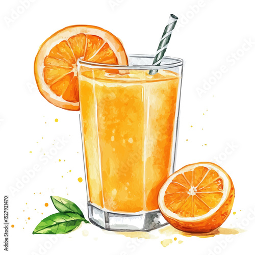 Orange Juice, watercolor vector, high quality, isolated on a white background.