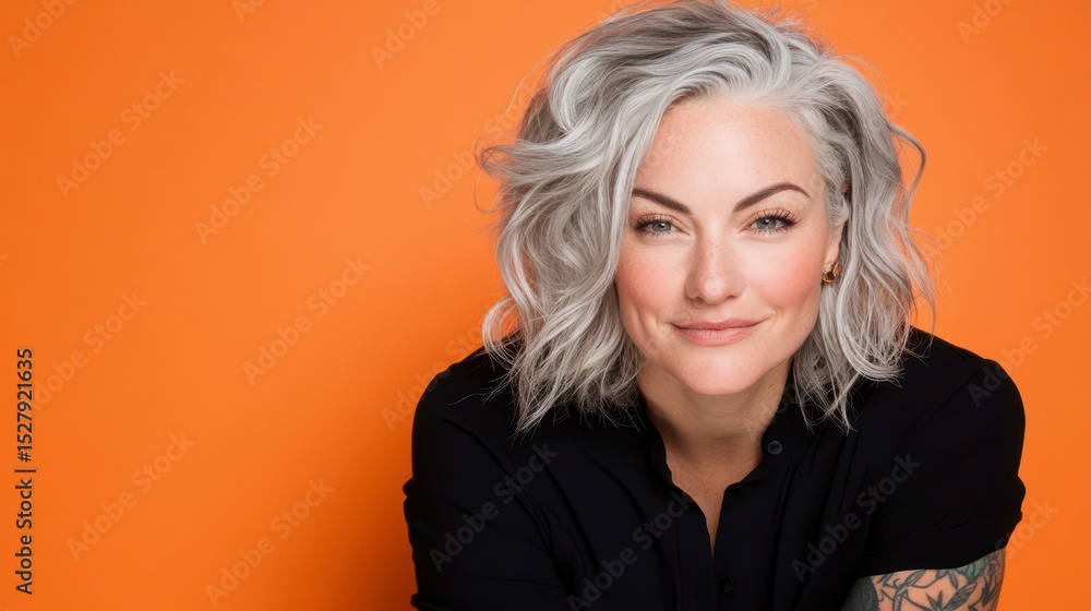 Naklejka premium Smiling Beauty in Simplicity: A portrait showcases a woman with striking silver hair and a warm smile, her gaze engaging. Against a vibrant orange background.