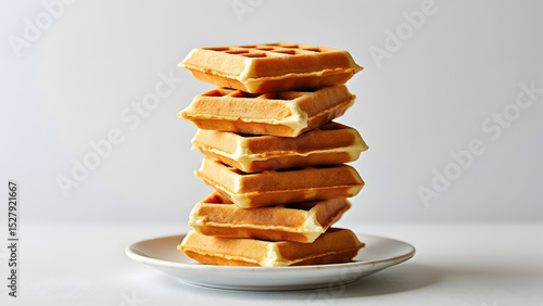 Tall stack of golden brown waffles with crisp edges is neatly arranged on white plate, creating warm and inviting breakfast scene